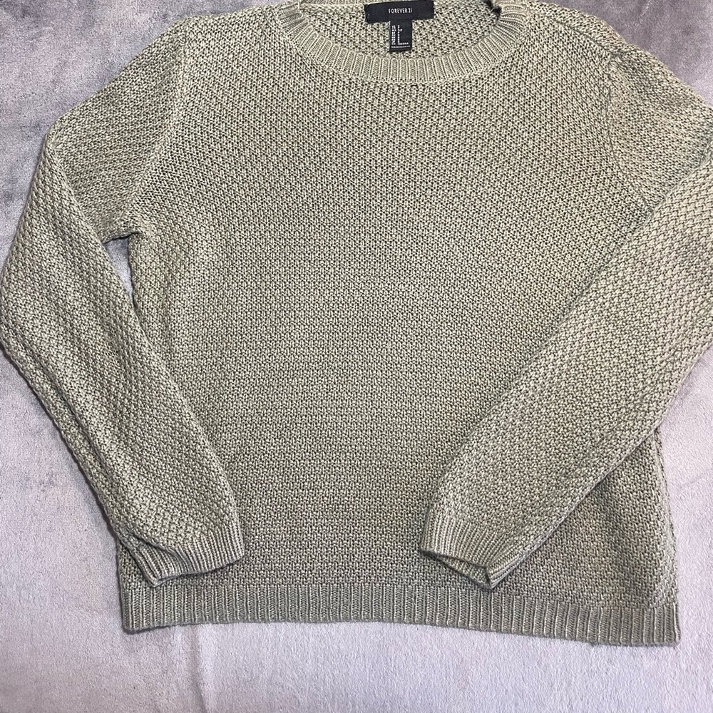 Forever 21 Green Sage Crewneck Sweater with Ribbed Cuffs